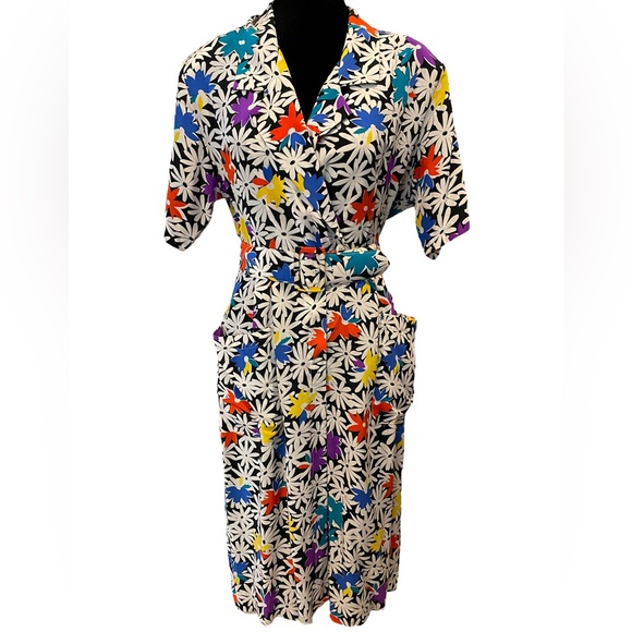 silk studio Dresses & Skirts - Silk Studio Vintage Silk Colorful Bright Hippie Kidcore Floral Belted Midi Dress